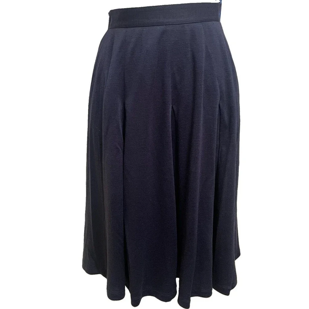 VTG JAEGER Navy Blue Pleated Midi Skirt Wool Blend Dark Academia Preppy Lady 6